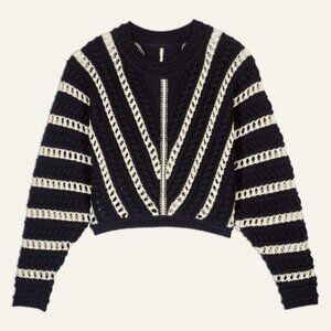 ba&sh Gardy Crochet Crewneck Pullover Sweater in navy and cream size medium